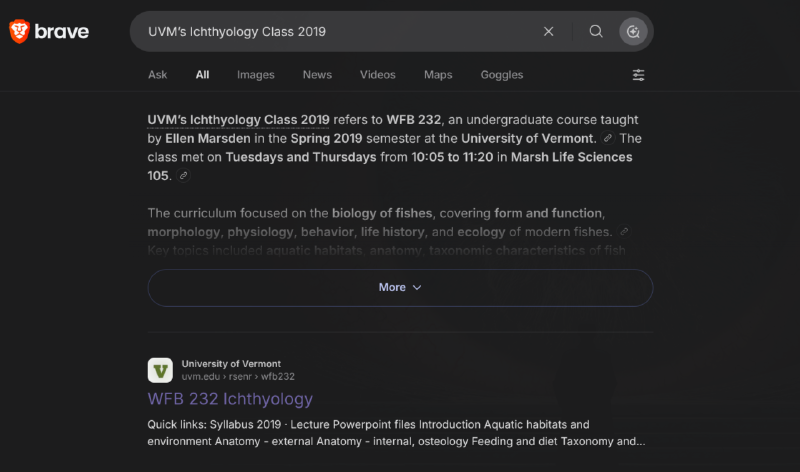 Brave search for UVM Ichthyology 2019