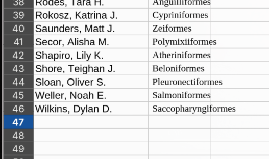 Student fish names list from the archived spreadsheet